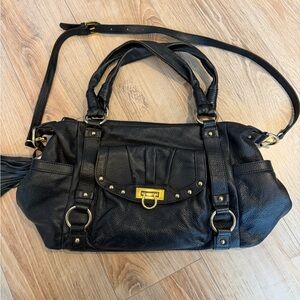 Genuine Black Leather Shoulder Bag with Gold Hardware